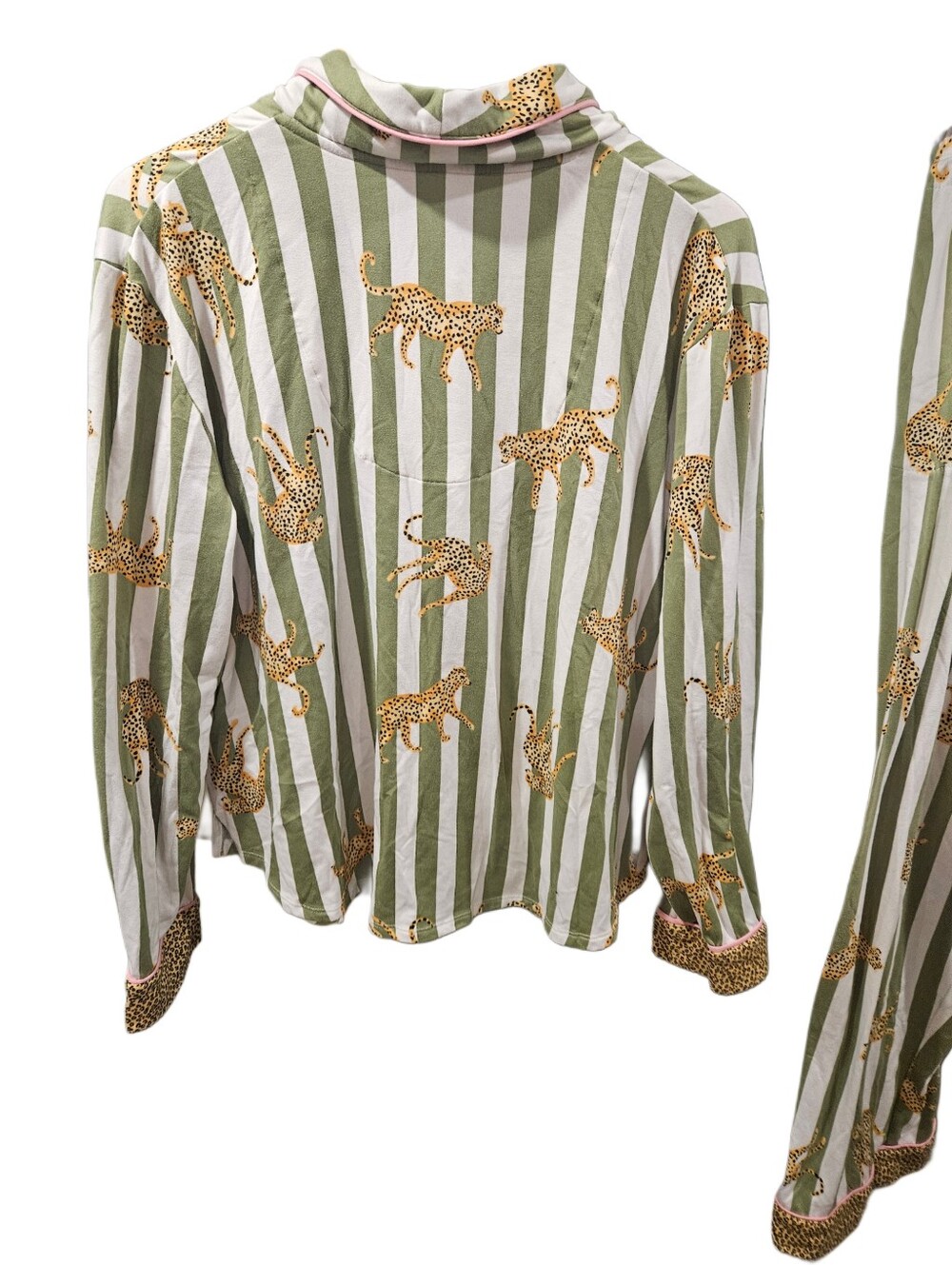 Room Service Leopard Stripe Pajama Set Green White Pink Trim Large - Picture 5 of 9